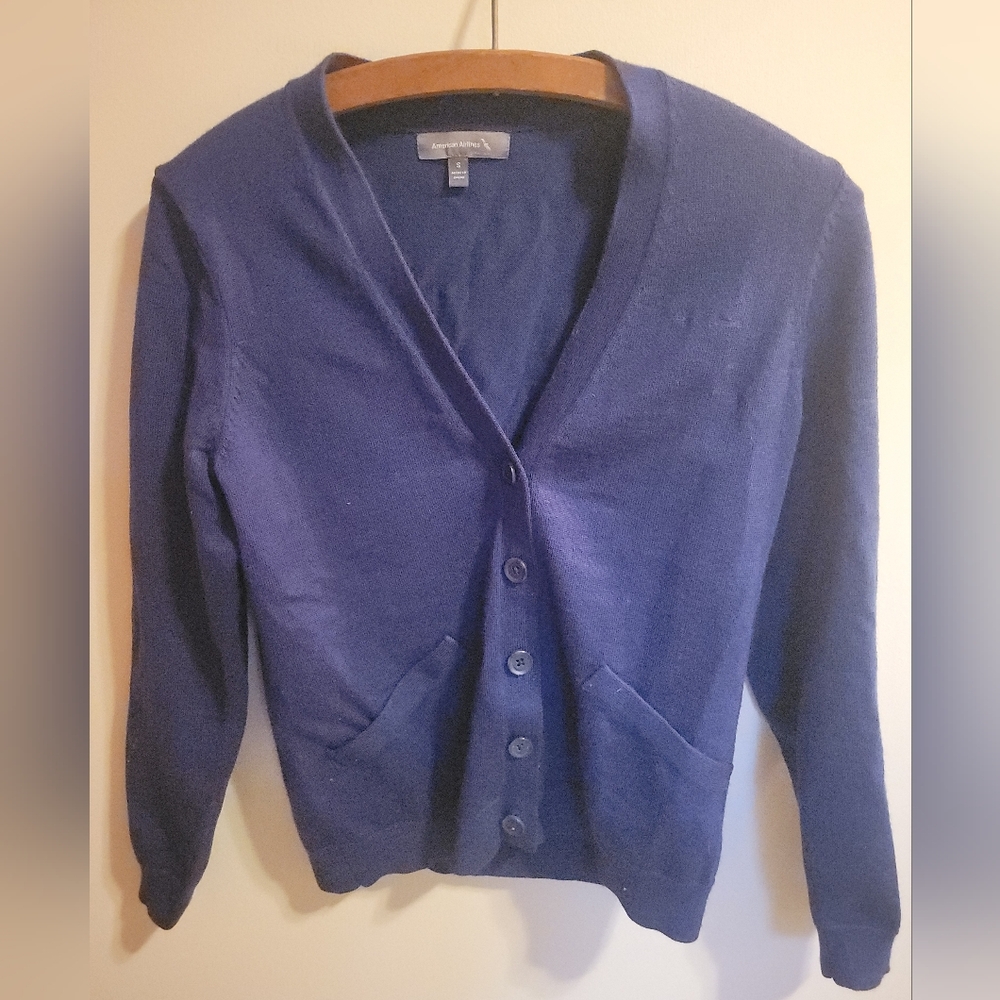 Vintage American Airlines Navy V Neck Button Front L/S  Sweater Womens Small